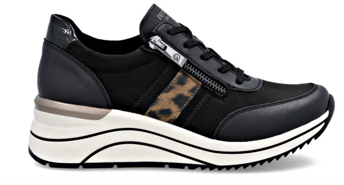 Stockwell Black with Leopard Wedge Side Zip Trainers Lace Up Shoes