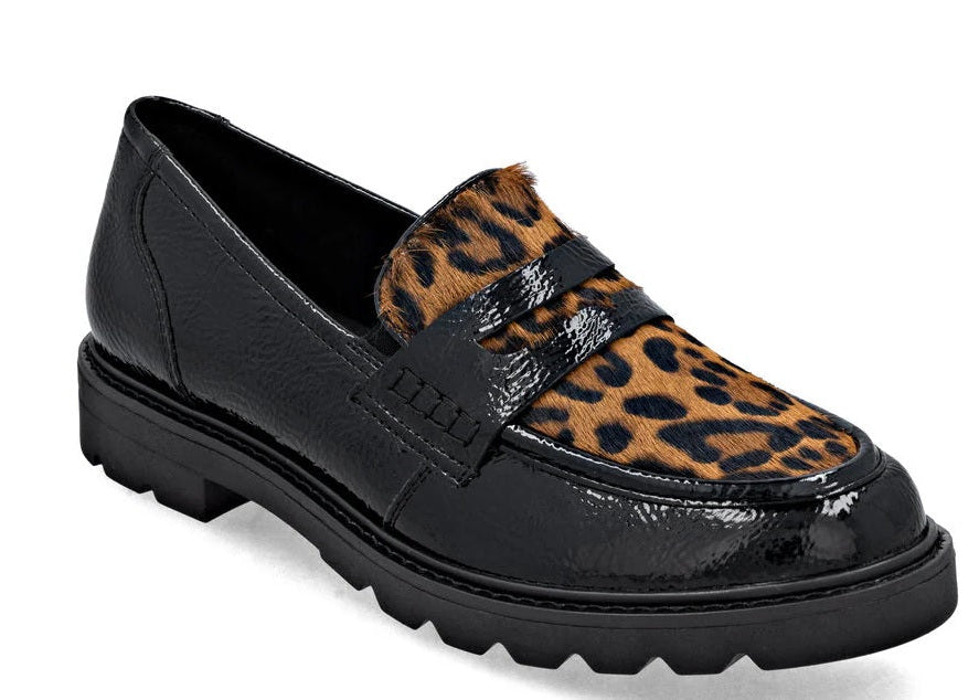 Black loafer with leopard print accents on a white background